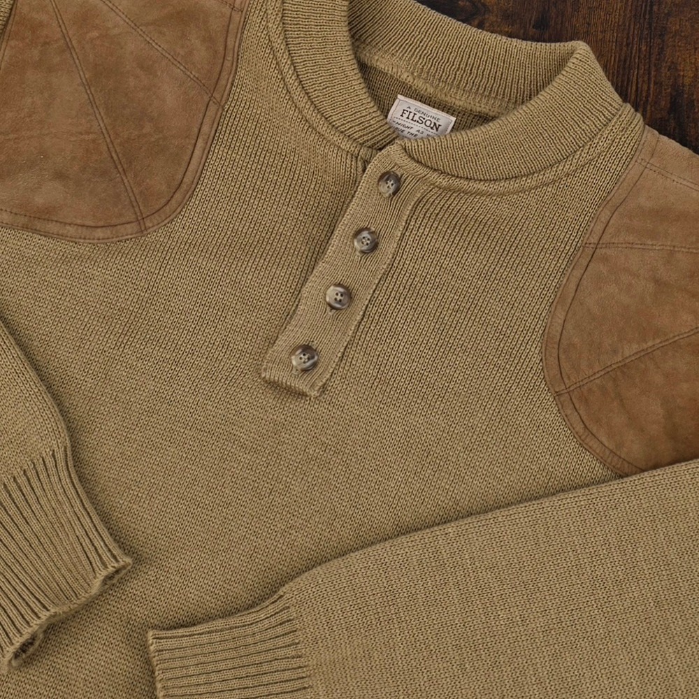 Filson 714 Guide Sweater Mens Large Tan Virgin Wool Suede Shooting Patch Henley